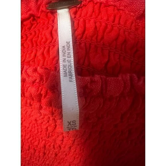 FREE PEOPLE Red Off-Shoulder Smocked Dress, Embroidered Floral, Flare Sleeve, XS - Picture 7 of 9